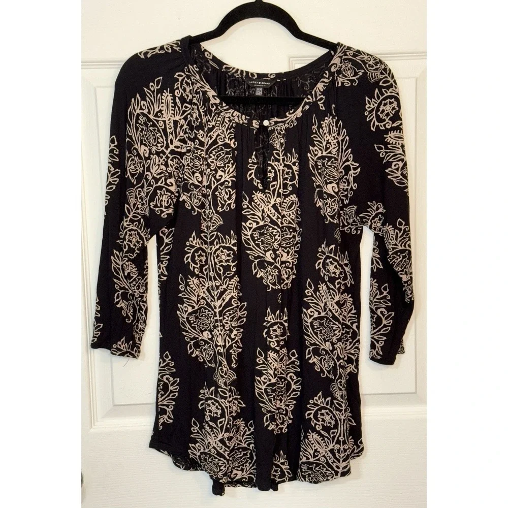 Lucky Brand Black Tan Floral Round Neck Keyhole Pullover Blouse Tunic Size 1X - Picture 4 of 4